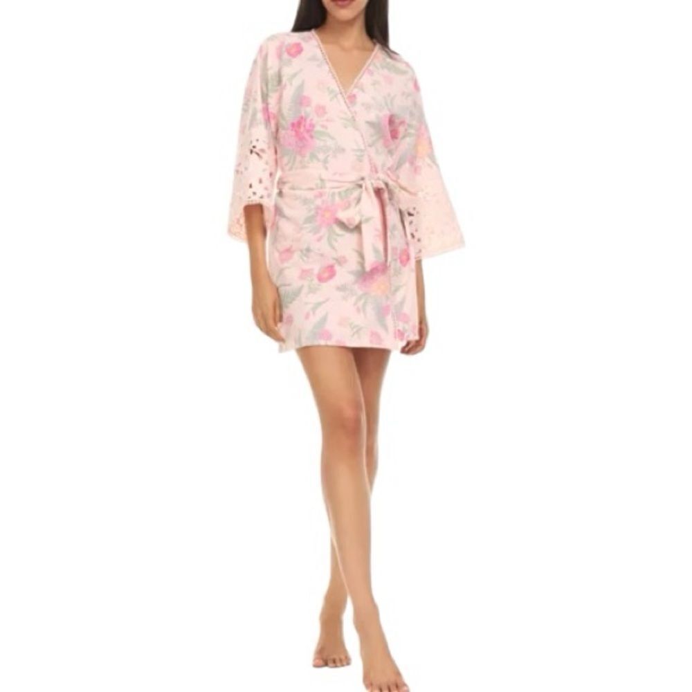 Flora Nikrooz Kendall French Terry Pink Floral Lace Robe Size S